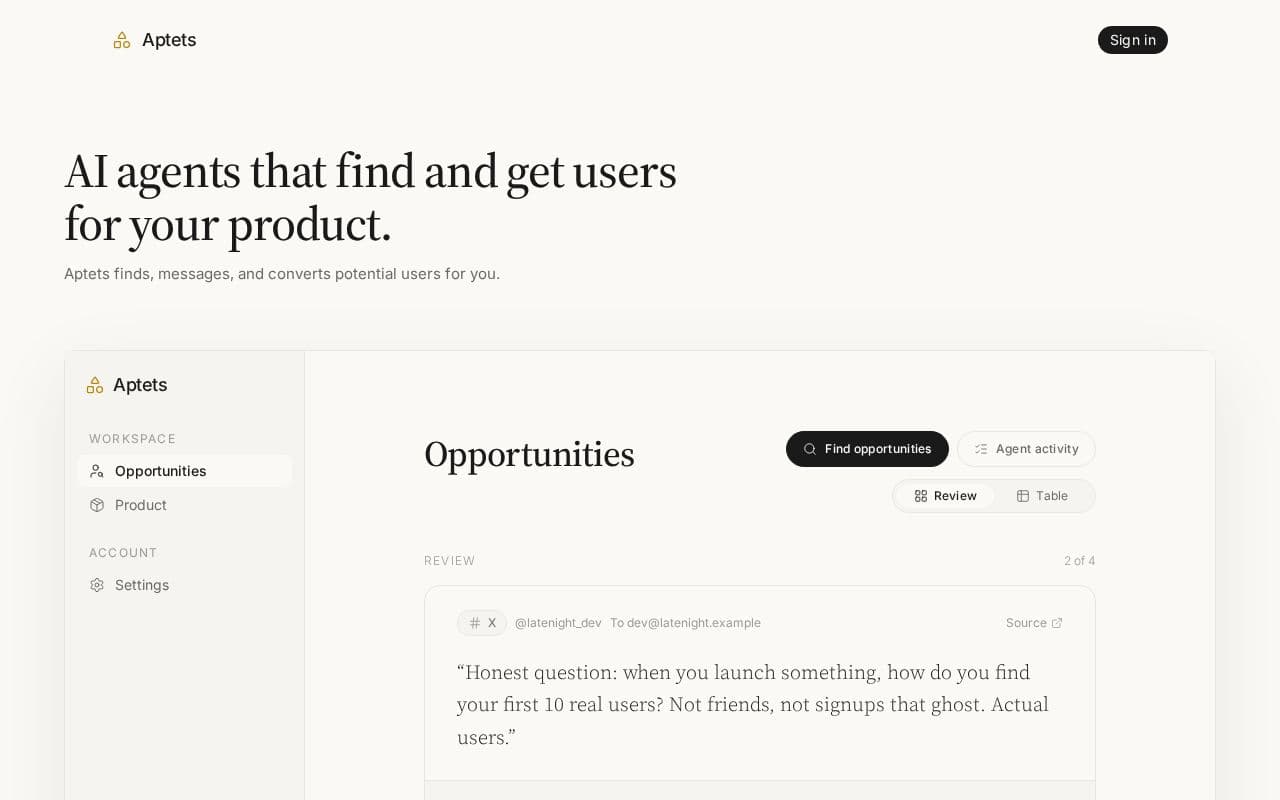 Aptets: outreach for vibe-coded projects screenshot